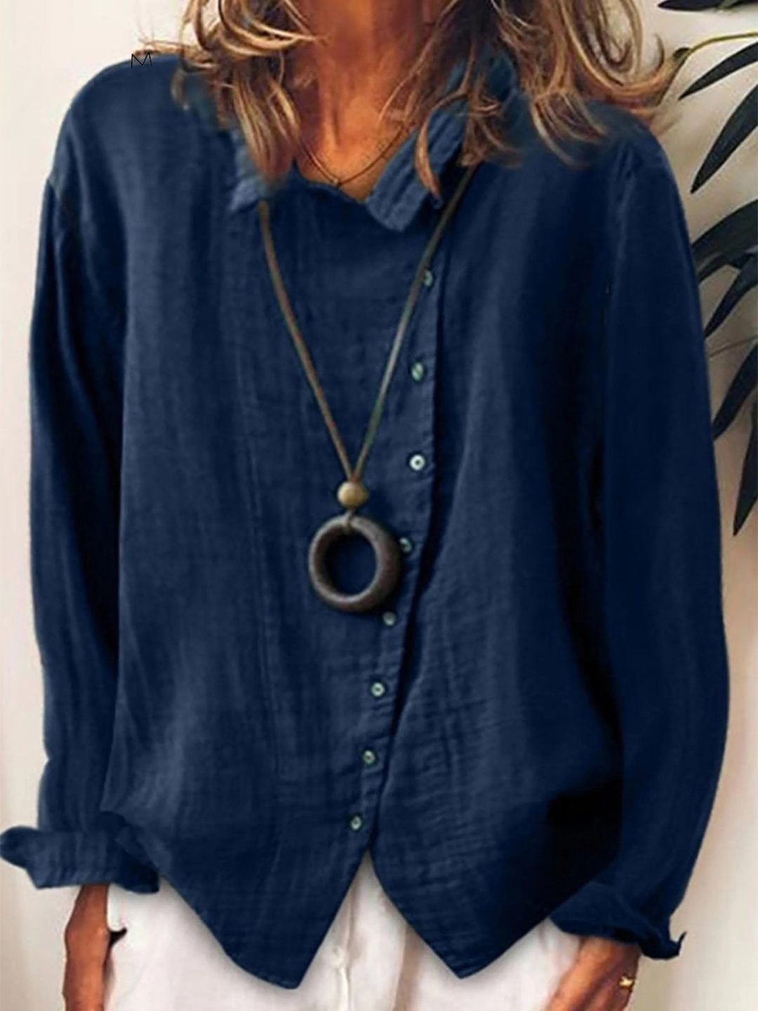 Orvelle | Women's Boho Top Long Sleeve Relaxed Blouse - Navy - Image 1