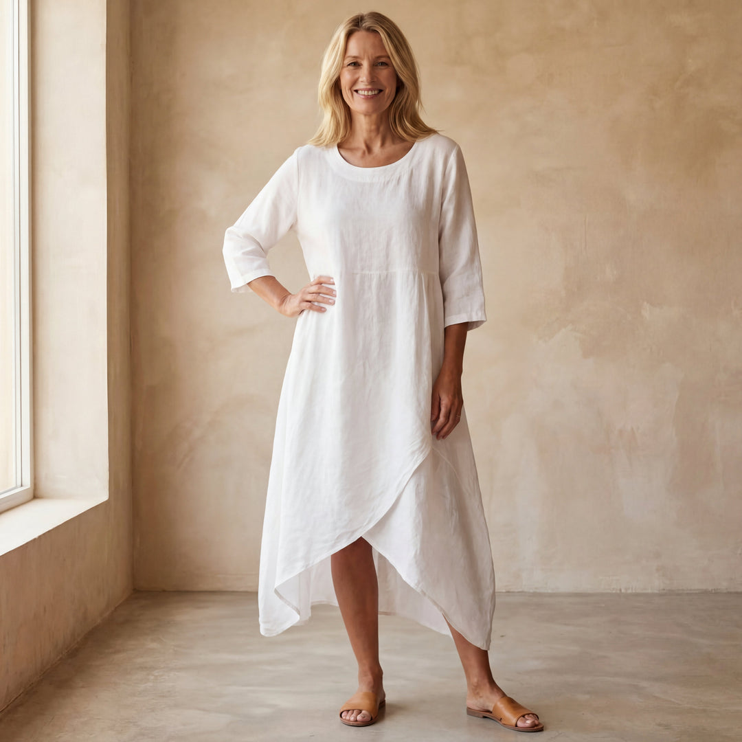 Orvelle | Women's Linen Summer Dress Asymmetric - White - Image 1