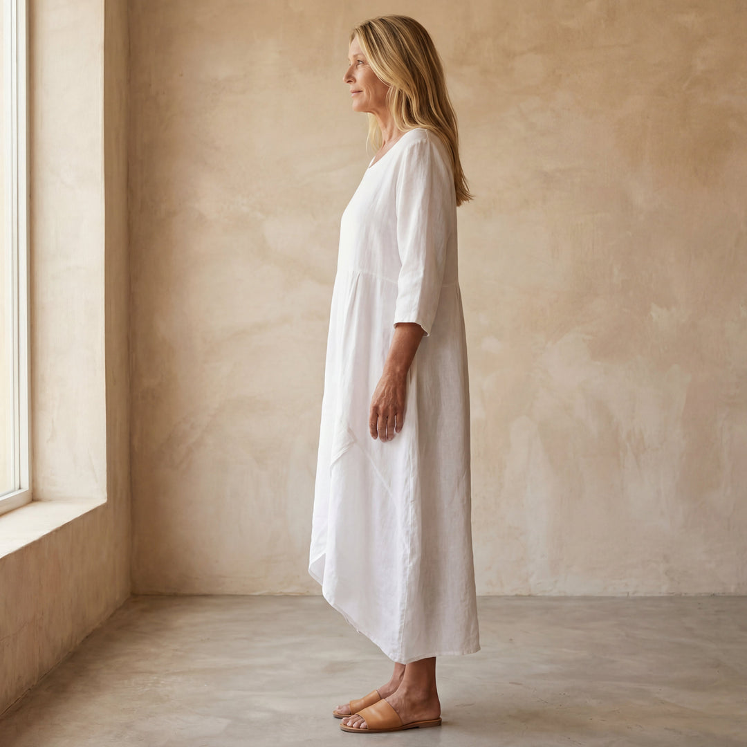Orvelle | Women's Linen Summer Dress Asymmetric - White - Image 2