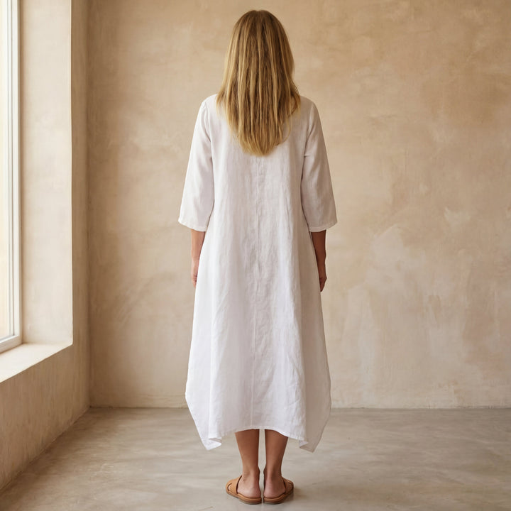 Orvelle | Women's Linen Summer Dress Asymmetric - White - Image 3