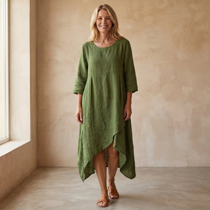 Orvelle | Women's Linen Summer Dress Asymmetric - White - Image 5
