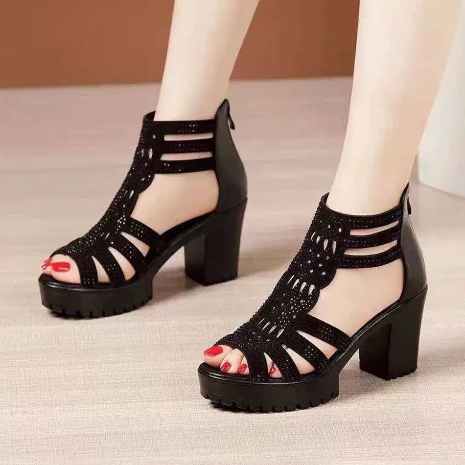 Orvelle | Women's Strappy Block Heel Sandals - Black - Image 2