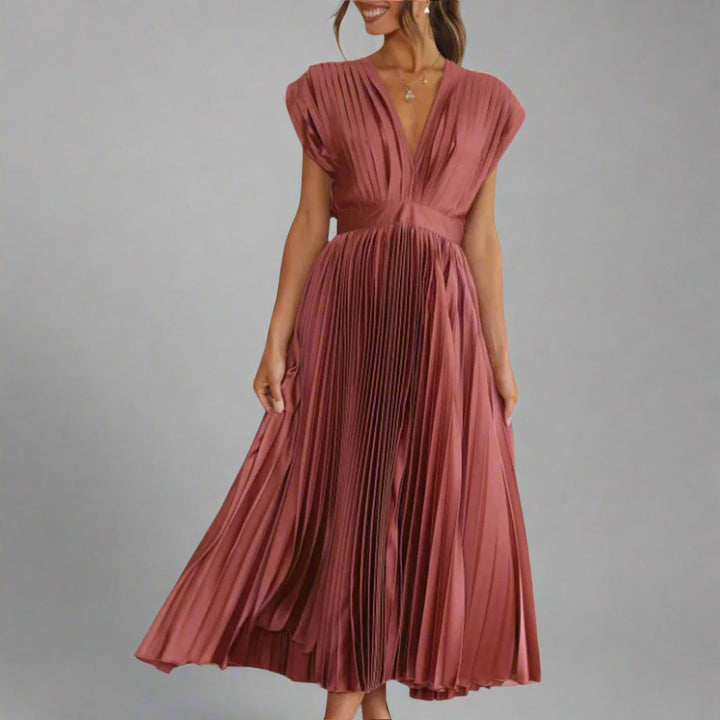 Orvinda | Women's Pleated Midi Dress V-Neck - Image 3
