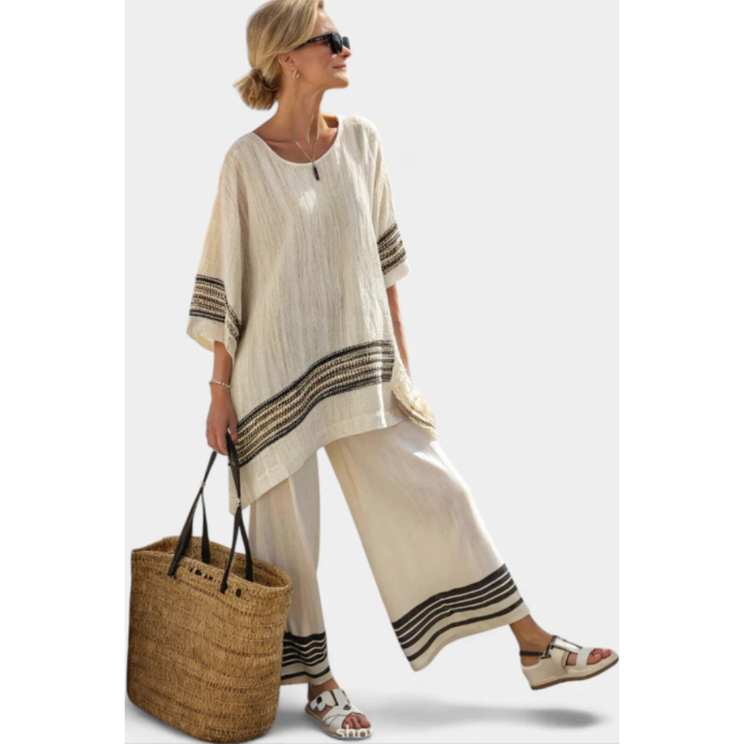Orwyn | Women's Striped Relaxed Two-Piece Set - Cream - Image 1