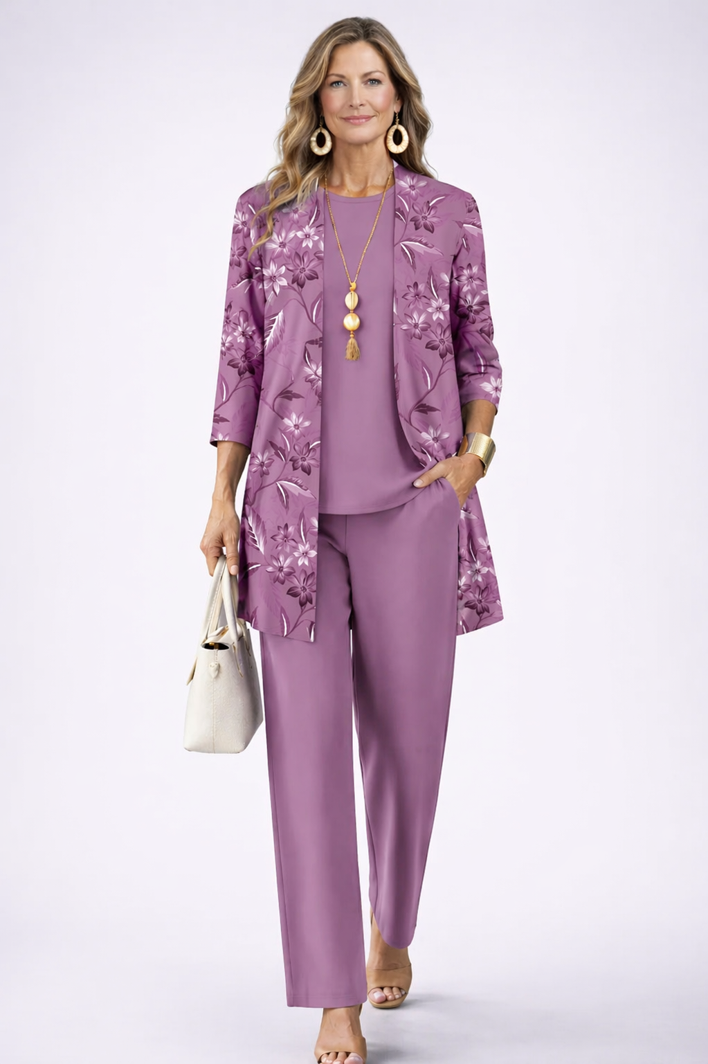 Oryndel | Women's Floral 3-Piece Pants Co-ord Set - Purple - Image 1