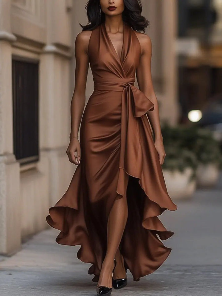 Ottavia | Women's Halter Neck Wrap Maxi Dress - Champagne - Image 10
