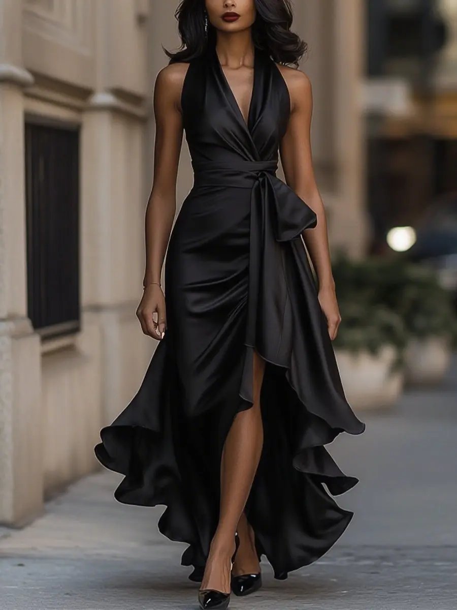 Ottavia | Women's Halter Neck Wrap Maxi Dress - Champagne - Image 11