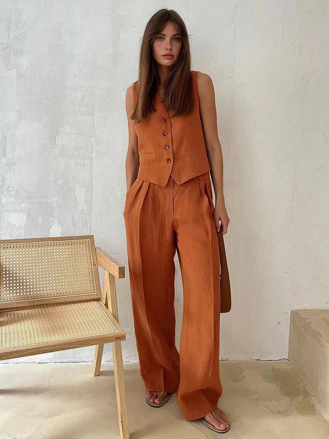 Ottoline | Women's Waistcoat Wide Leg Pants Two Piece Set - Brown - Image 2