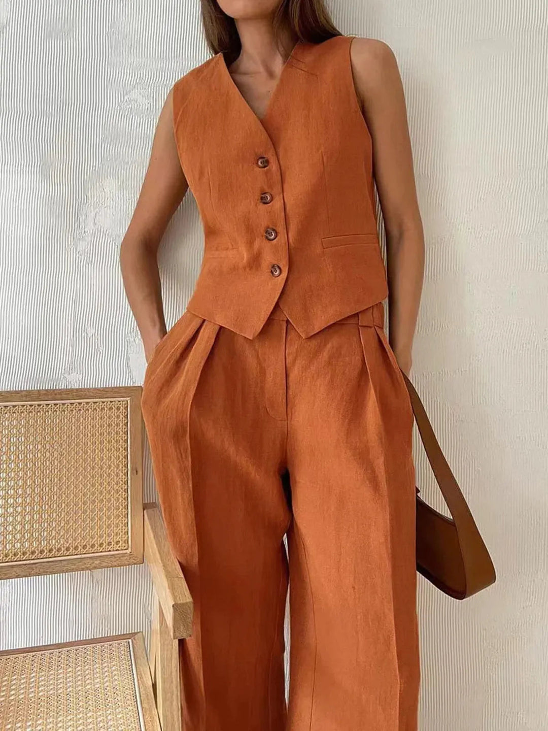 Ottoline | Women's Waistcoat Wide Leg Pants Two Piece Set - Brown - Image 3