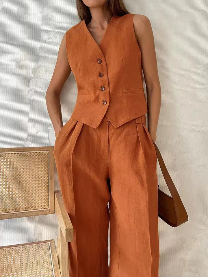 Ottoline | Women's Waistcoat Wide Leg Pants Two Piece Set - Brown - Image 3