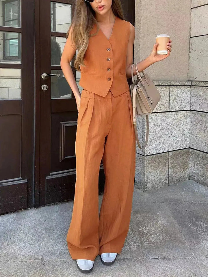 Ottoline | Women's Waistcoat Wide Leg Pants Two Piece Set - Brown - Image 4