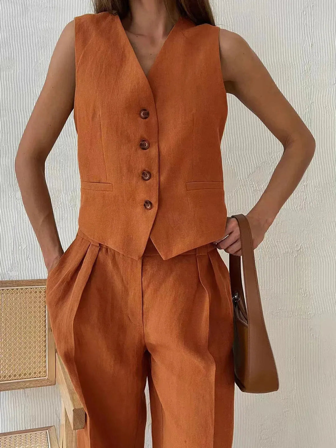 Ottoline | Women's Waistcoat Wide Leg Pants Two Piece Set - Brown - Image 5