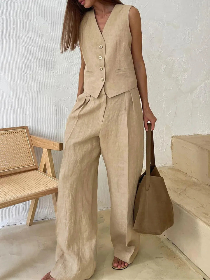 Ottoline | Women's Waistcoat Wide Leg Pants Two Piece Set - Brown - Image 6