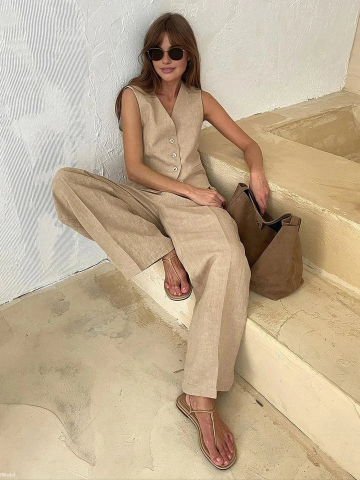 Ottoline | Women's Waistcoat Wide Leg Pants Two Piece Set - Brown - Image 7