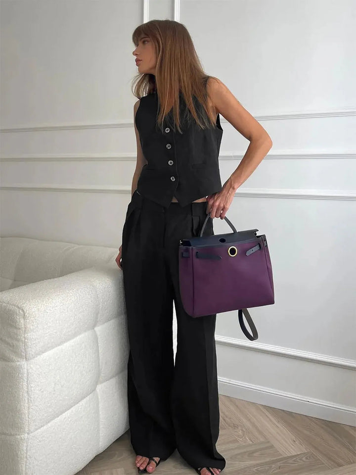 Ottoline | Women's Waistcoat Wide Leg Pants Two Piece Set - Brown - Image 8