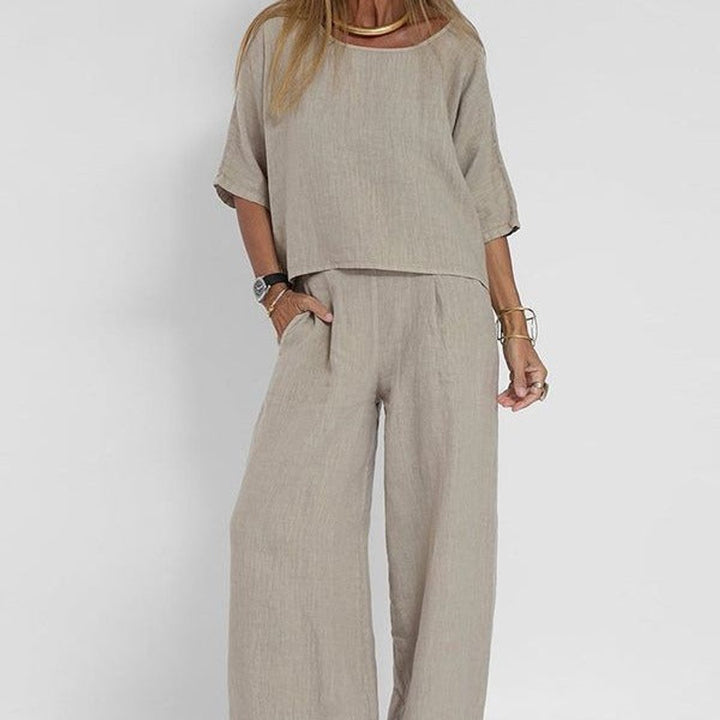 Paloma | Women's Relaxed Fit Wide Leg Pants Set - Taupe - Image 1