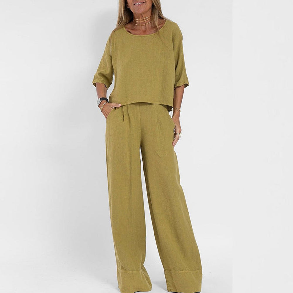 Paloma | Women's Relaxed Fit Wide Leg Pants Set - Taupe - Image 2