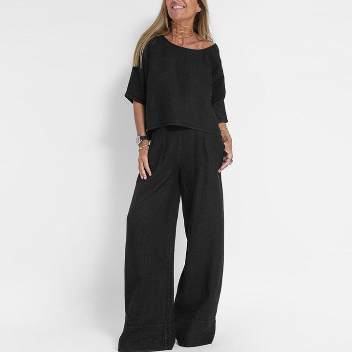 Paloma | Women's Relaxed Fit Wide Leg Pants Set - Taupe - Image 3