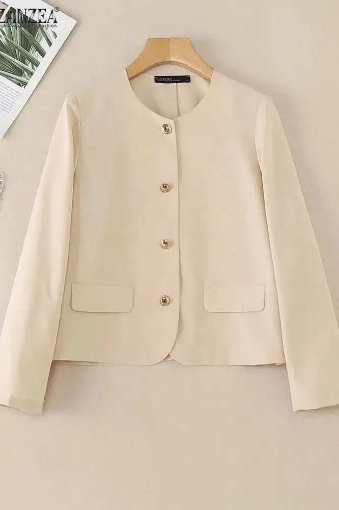 Paloma | Women's Round Neck Cropped Blazer - Beige - Image 2