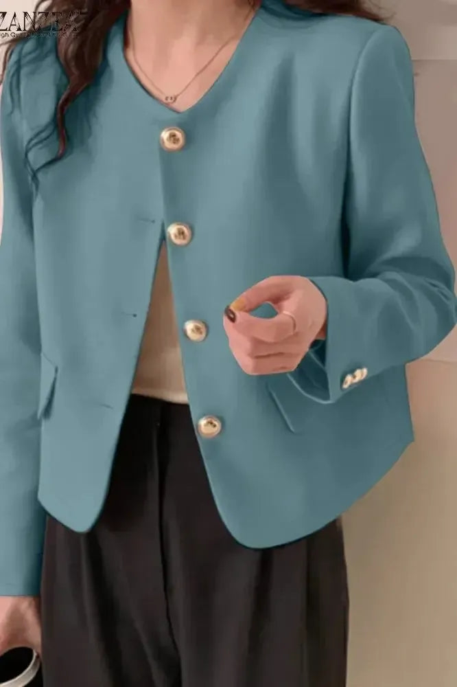 Paloma | Women's Round Neck Cropped Blazer - Beige - Image 3