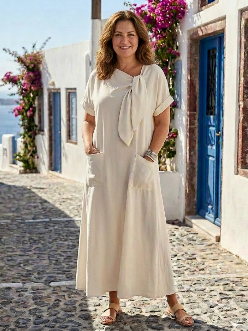 Pellara | Women's Tie Neck Maxi Dress - Cream - Image 1