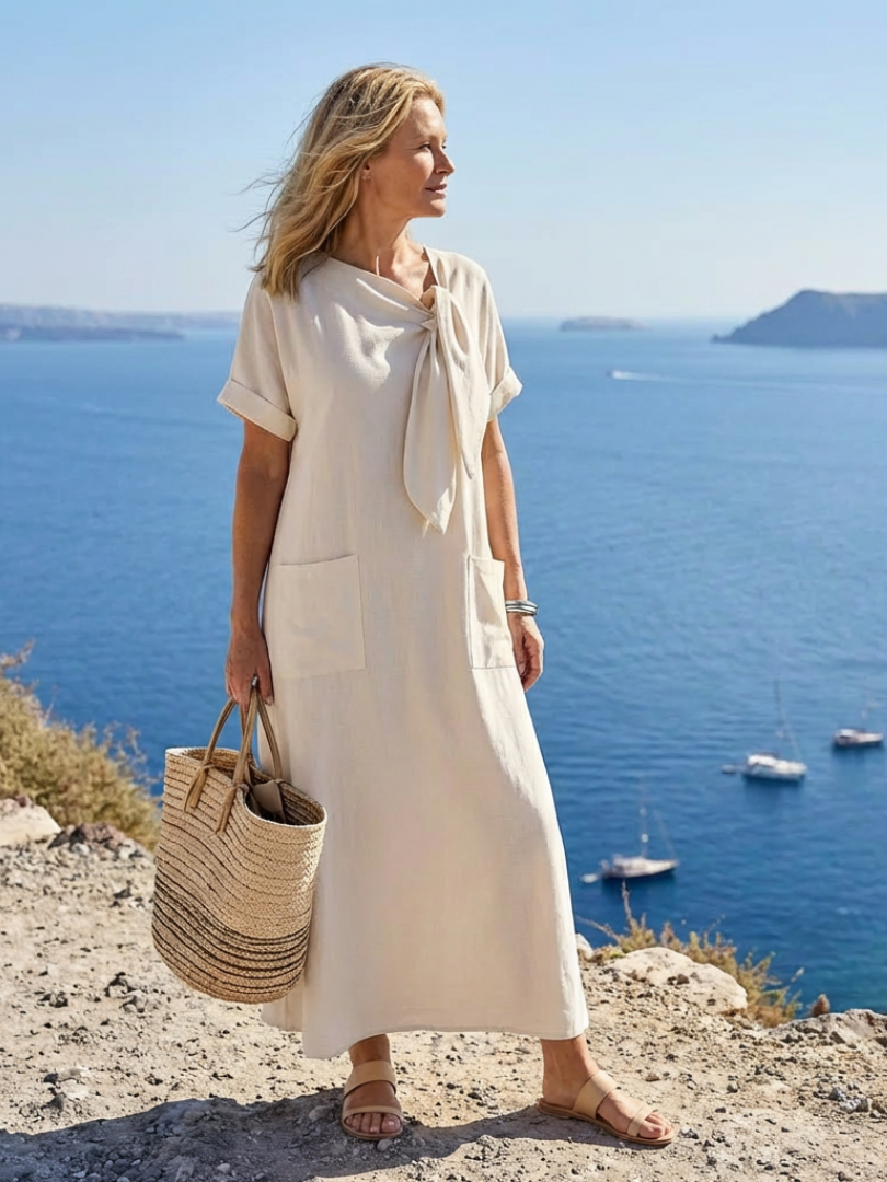 Pellara | Women's Tie Neck Maxi Dress - Cream - Image 3
