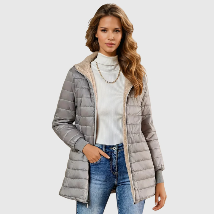 Penelope | Women's Hooded Quilted Puffer Jacket - Grey - Image 1