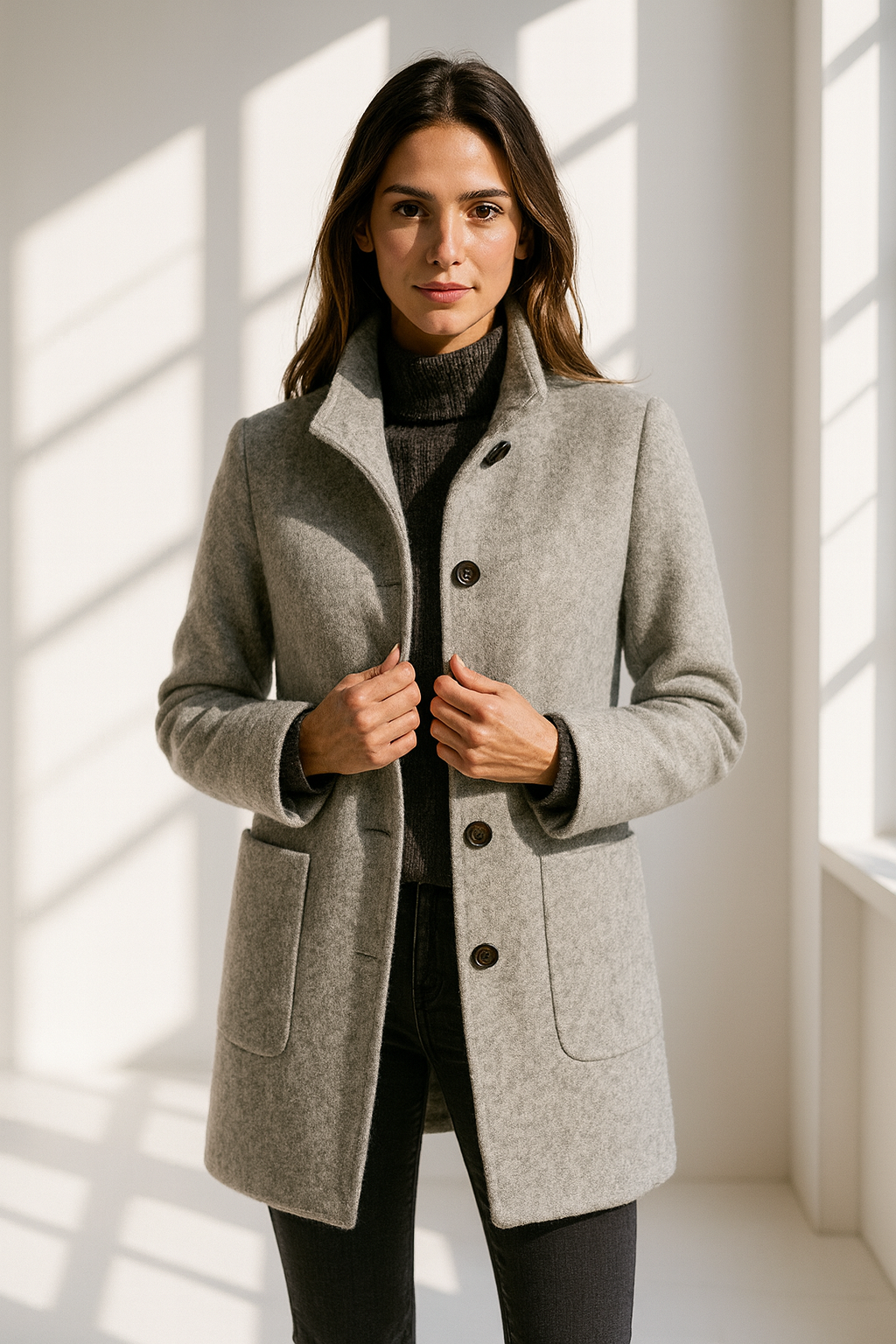 Persephone | Women's High Collar Button Front Coat - Grey - Image 1
