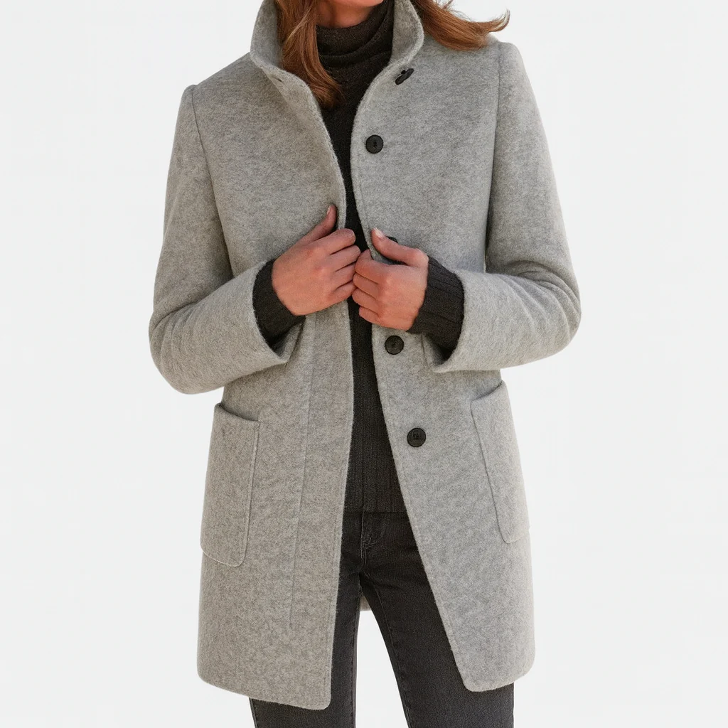 Persephone | Women's High Collar Button Front Coat - Grey - Image 2
