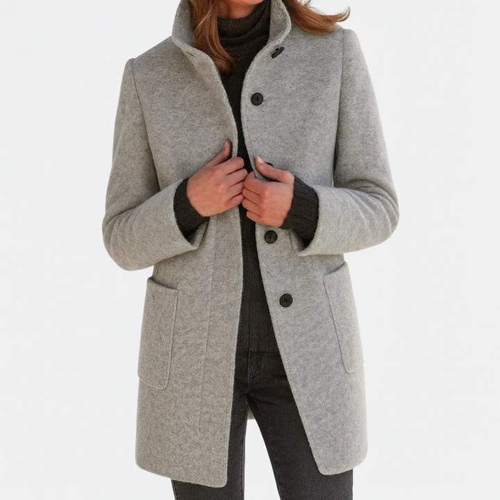 Persephone | Women's High Collar Button Front Coat - Grey - Image 2