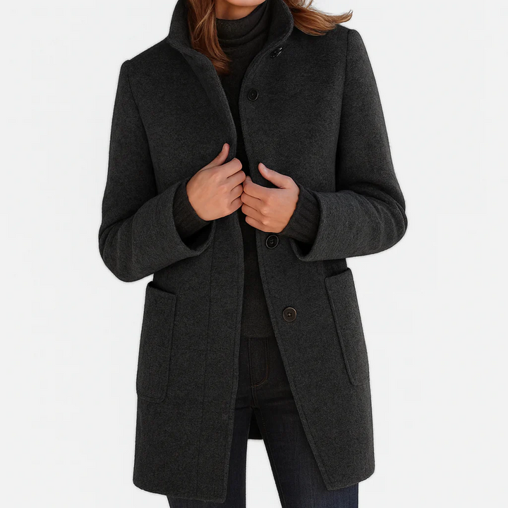 Persephone | Women's High Collar Button Front Coat - Grey - Image 5