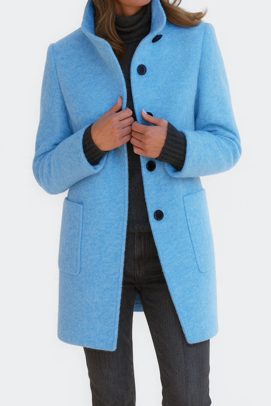 Persephone | Women's High Collar Button Front Coat - Grey - Image 9