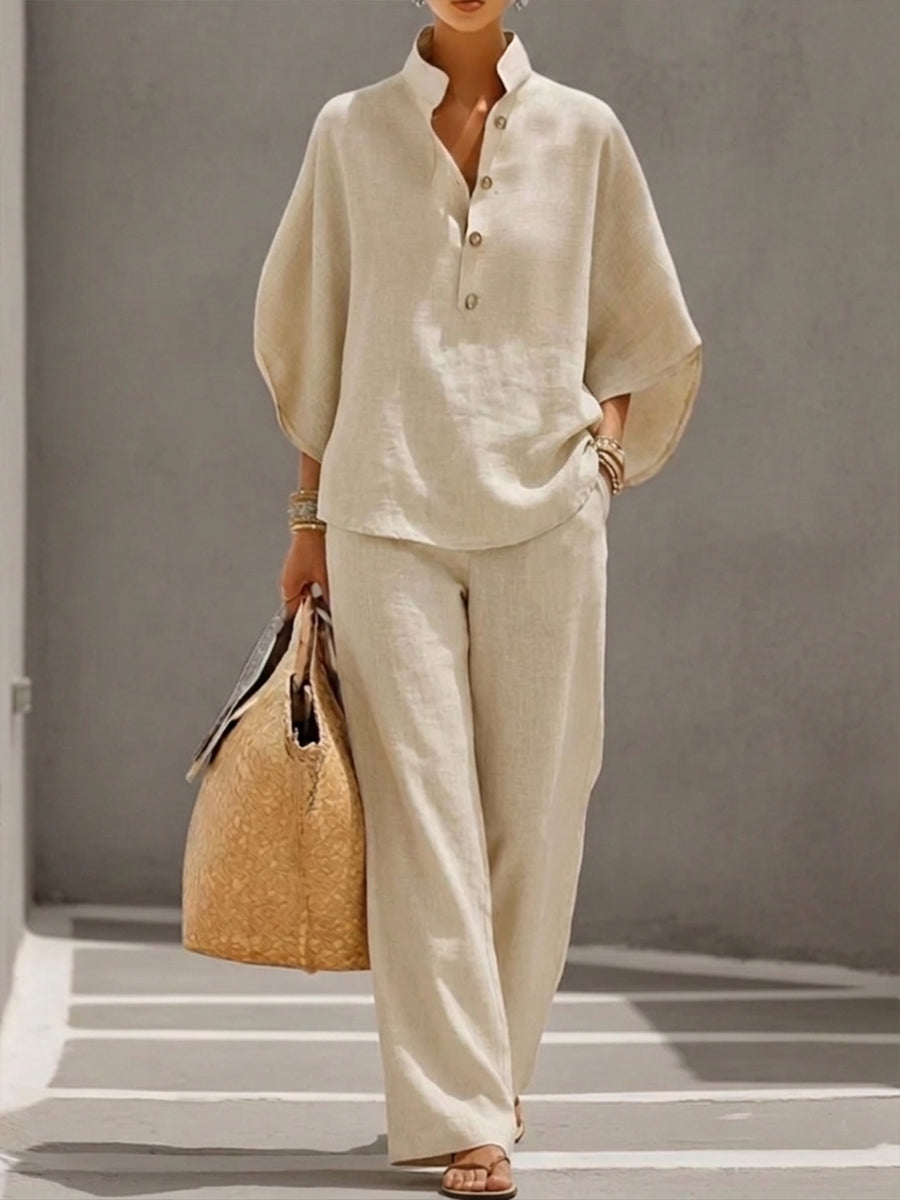 Petra | Women's Button Placket Wide Leg Two Piece Set - Beige - Image 1