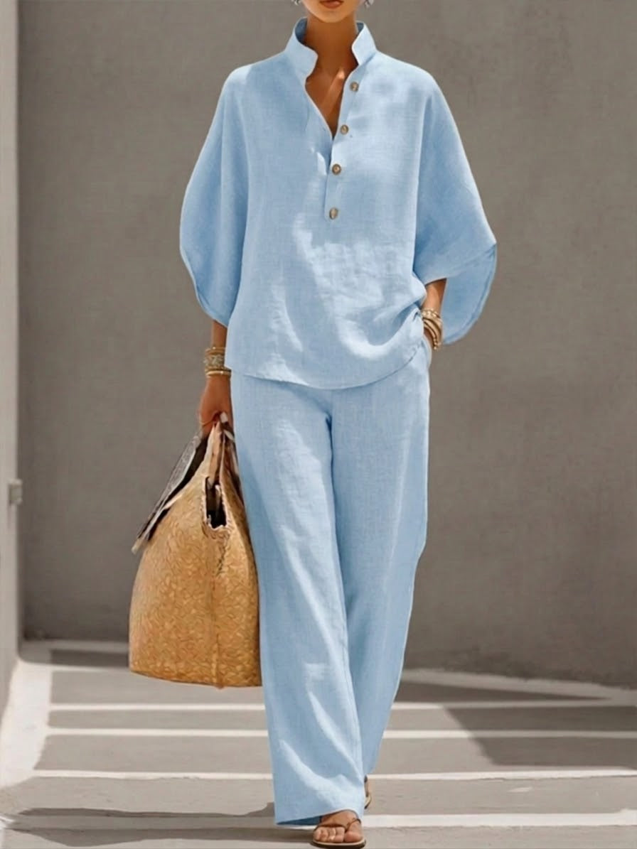 Petra | Women's Button Placket Wide Leg Two Piece Set - Beige - Image 2