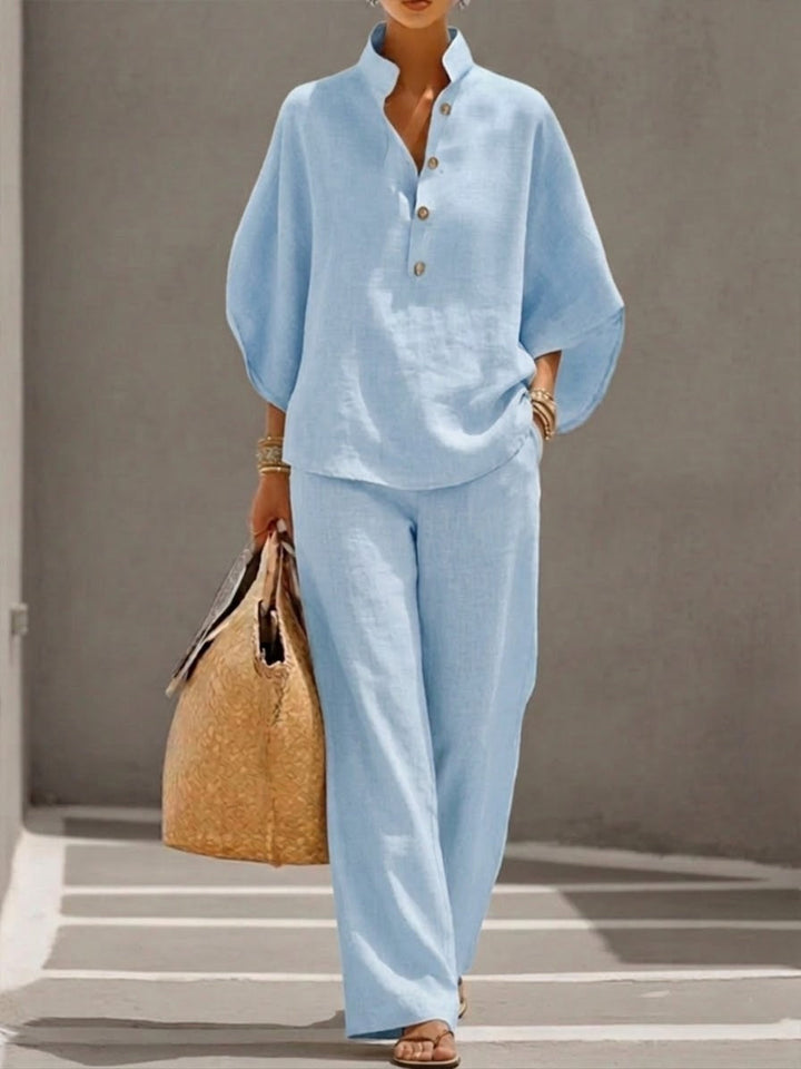 Petra | Women's Button Placket Wide Leg Two Piece Set - Beige - Image 2