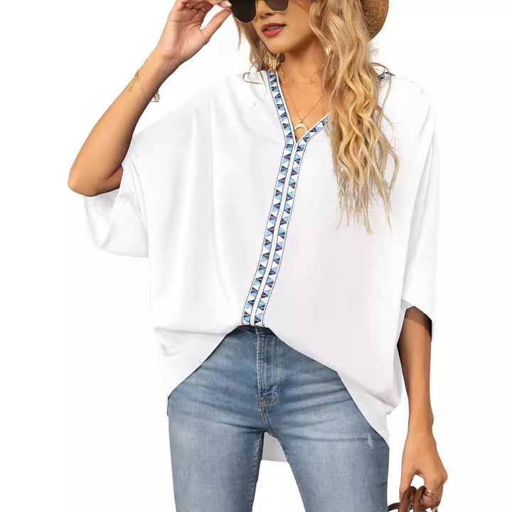 Petra | Women's V-Neck Oversized Embroidered Tunic Top - White - Image 1