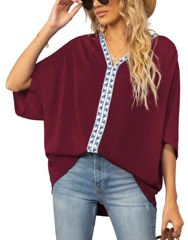 Petra | Women's V-Neck Oversized Embroidered Tunic Top - White - Image 10