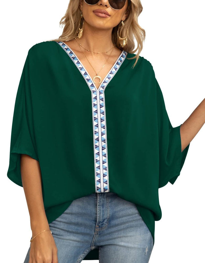 Petra | Women's V-Neck Oversized Embroidered Tunic Top - White - Image 11