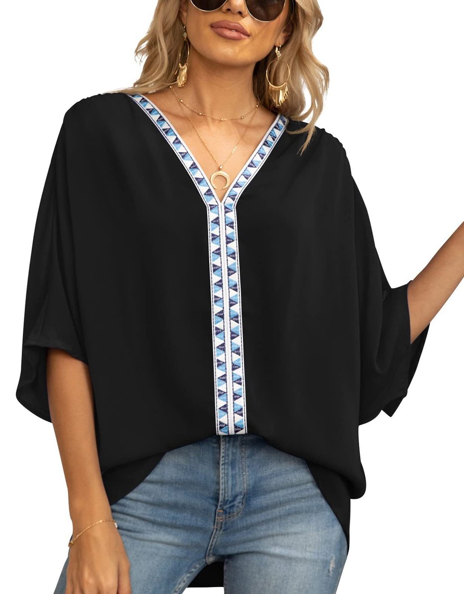 Petra | Women's V-Neck Oversized Embroidered Tunic Top - White - Image 3