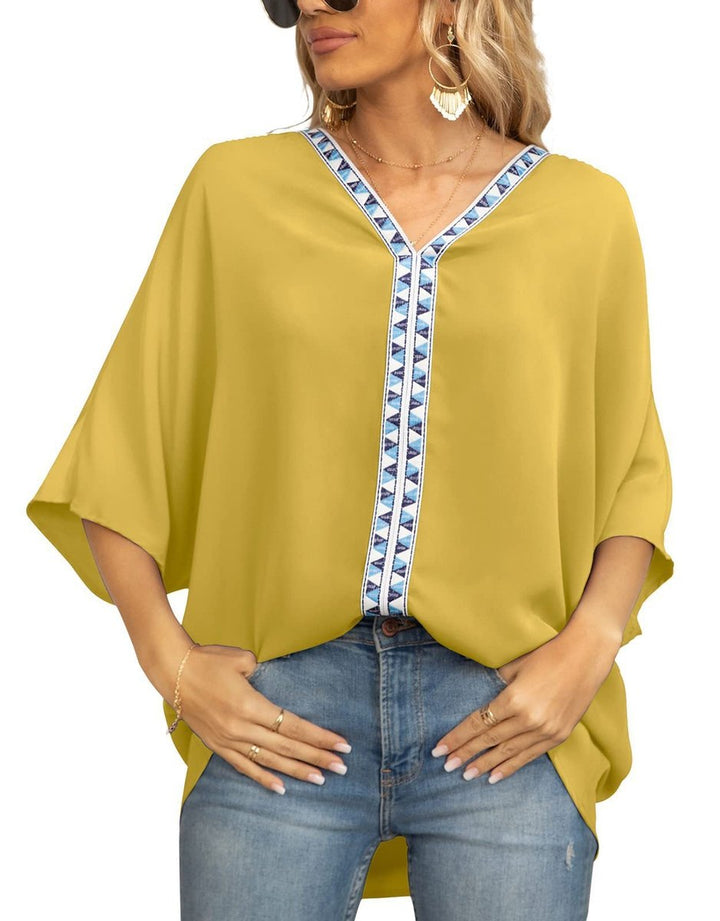 Petra | Women's V-Neck Oversized Embroidered Tunic Top - White - Image 4