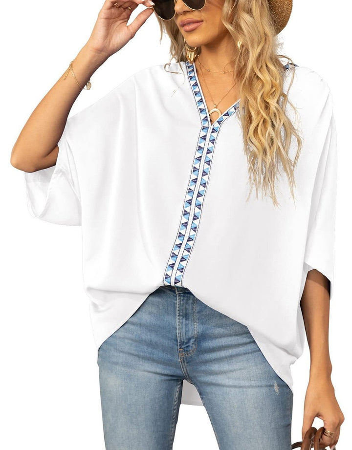 Petra | Women's V-Neck Oversized Embroidered Tunic Top - White - Image 5