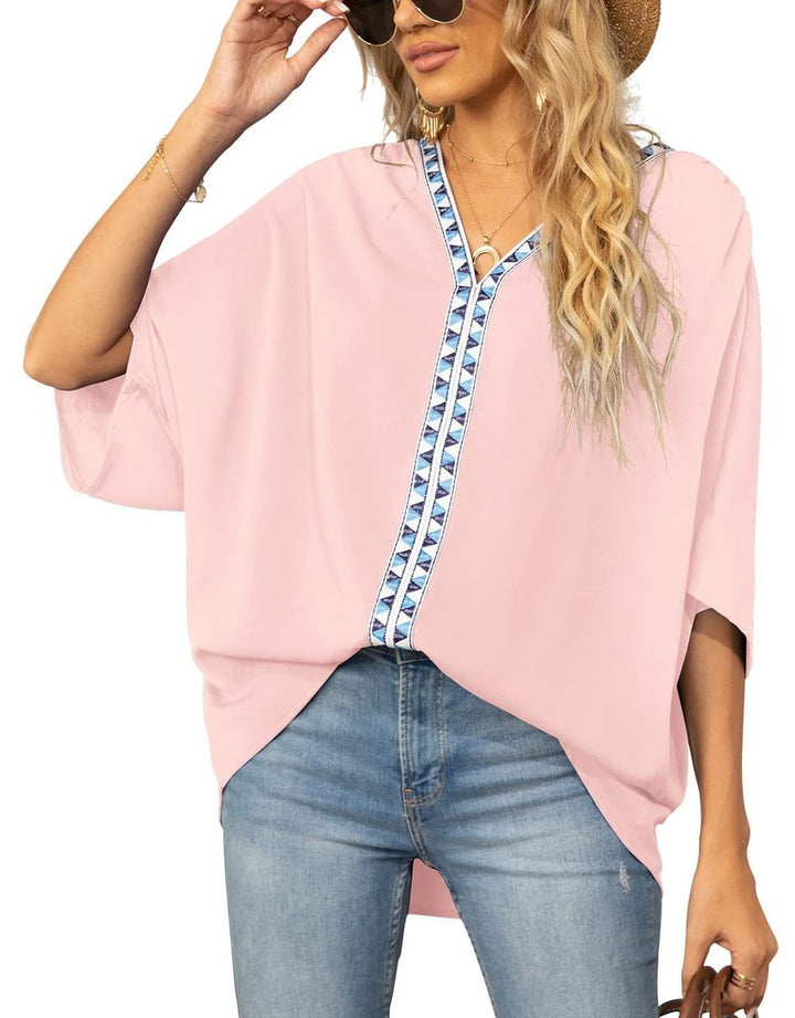 Petra | Women's V-Neck Oversized Embroidered Tunic Top - White - Image 6