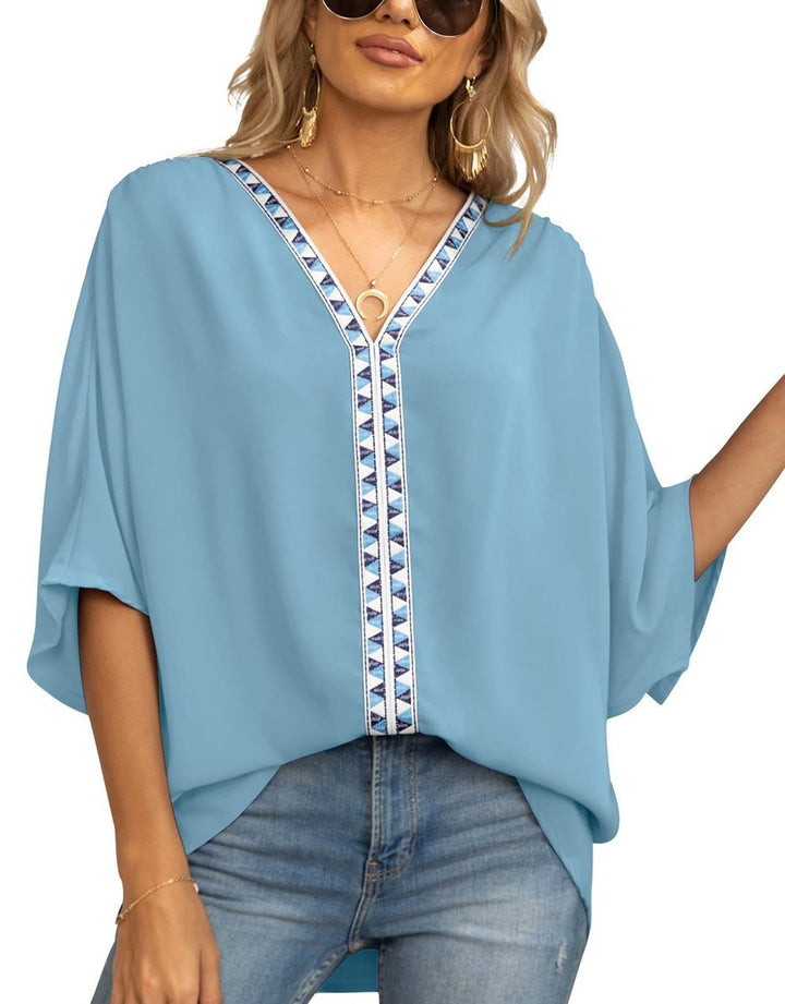 Petra | Women's V-Neck Oversized Embroidered Tunic Top - White - Image 7