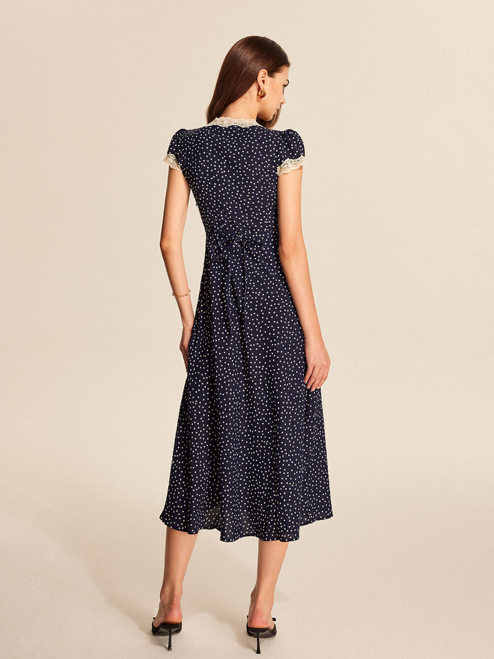 Dotty | Women's Polka Dot V-Neck Lace Trim Midi Dress Cap Sleeve