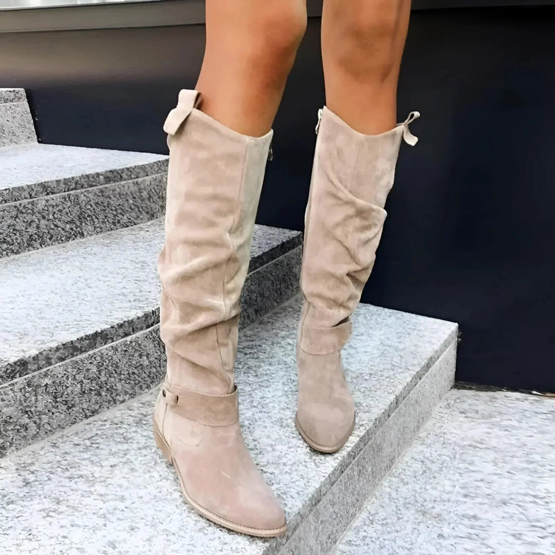 Portia | Women's Knee High Block Heel Boots - Beige - Image 3