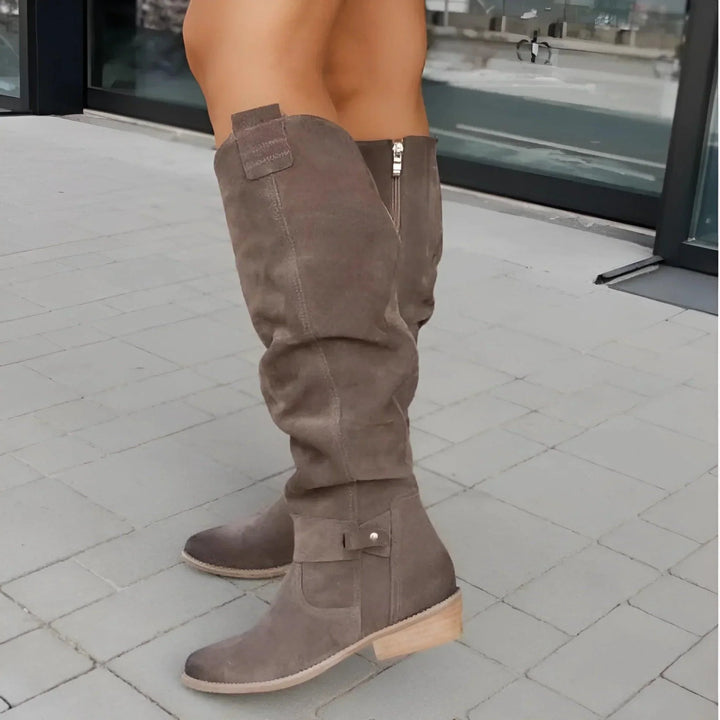 Portia | Women's Knee High Block Heel Boots - Beige - Image 4