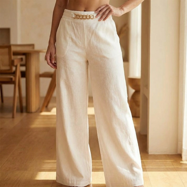 Portia | Women's Wide Leg Trousers with Gold Chain Waist - Cream - Image 1