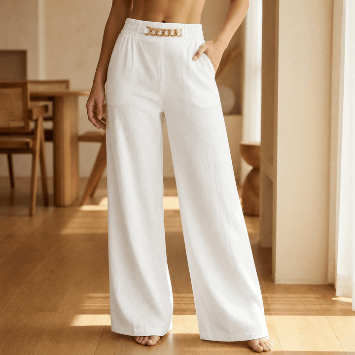 Portia | Women's Wide Leg Trousers with Gold Chain Waist - Cream - Image 11