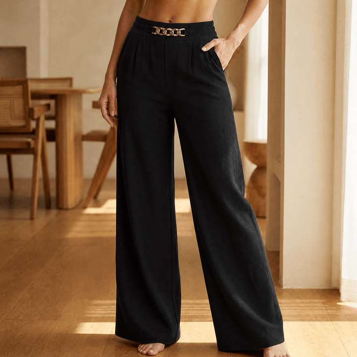Portia | Women's Wide Leg Trousers with Gold Chain Waist - Cream - Image 12