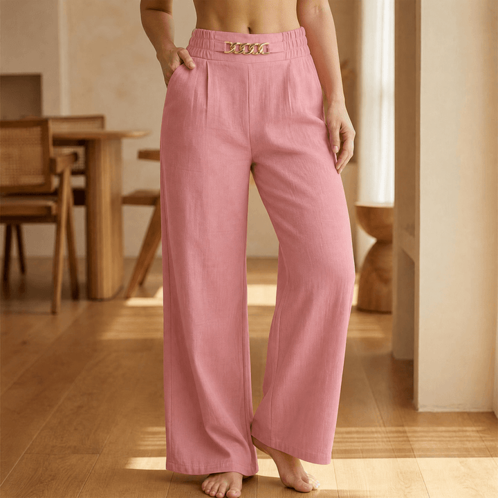 Portia | Women's Wide Leg Trousers with Gold Chain Waist - Cream - Image 14